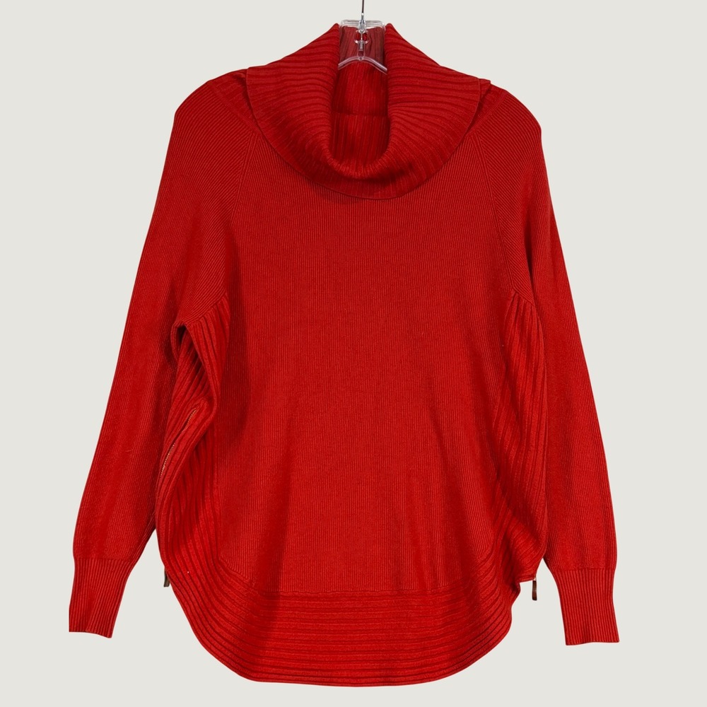 Vila Milano Deep Orange Ribbed Cowl Neck Sweater Wool Blend Side Zip Pic 4 Size